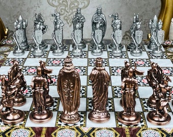 Premium British Medieval Age Themed Chess Set- Handcrafted Metal Chess Pieces Mosaic Pattern 14" Wooden Board- Historical Figured Chess Set