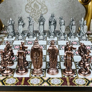 Premium British Medieval Age Themed Chess Set- Handcrafted Metal Chess Pieces Mosaic Pattern 14" Wooden Board- Historical Figured Chess Set