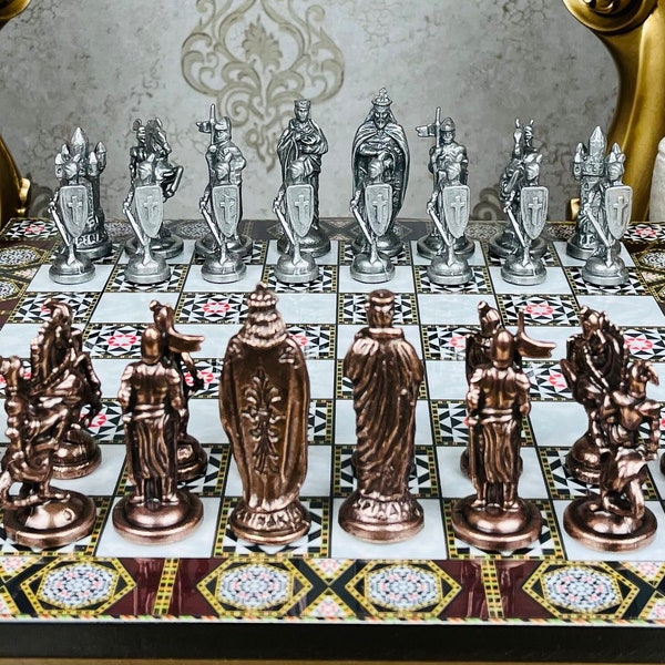 Premium British Medieval Age Themed Chess Set- Handcrafted Metal Chess Pieces Mosaic Pattern 14" Wooden Board- Historical Figured Chess Set