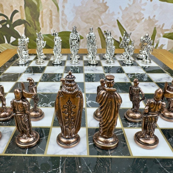 Premium Medieval British Knights Metal Chess Set with Board- Marble Pattern Flat Chess Board- Crusader Army Chess Set Intellectual Gift Idea