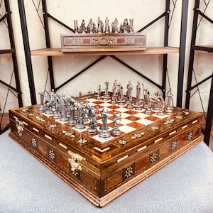 Luxurious Greek Mythology Chess Set with Storage - Ancient Olympus Gods Themed Metal Chess Figures and 12" Board- Handmade Gift for Birthday