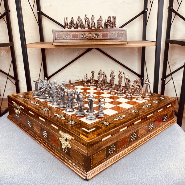 Luxurious Greek Mythology Chess Set with Storage - Ancient Olympus Gods Themed Metal Chess Figures and 12" Board- Handmade Gift for Birthday