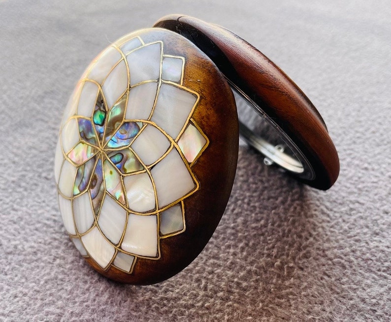Premium Abalone Inlaid Antique Compact Mirror with Carrying Bag, Travel Makeup Mirror, Purse Mirror Pocket Mirror, Gift for Mother's Day image 8