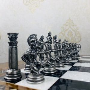 11 Mythical Metal Chess Set with Mosaic Inlaid Board Handmade Ancient Greek Theme, Engraved Wooden Chessboard Unique gift for Nephew image 8