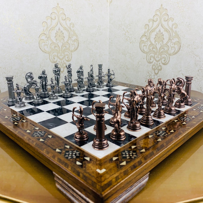 11 Mythical Metal Chess Set with Mosaic Inlaid Board Handmade Ancient Greek Theme, Engraved Wooden Chessboard Unique gift for Nephew image 6