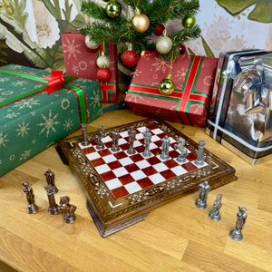 11 Mythical Metal Chess Set with Mosaic Inlaid Board Handmade Ancient Greek Theme, Engraved Wooden Chessboard Unique gift for Nephew Red Pearl