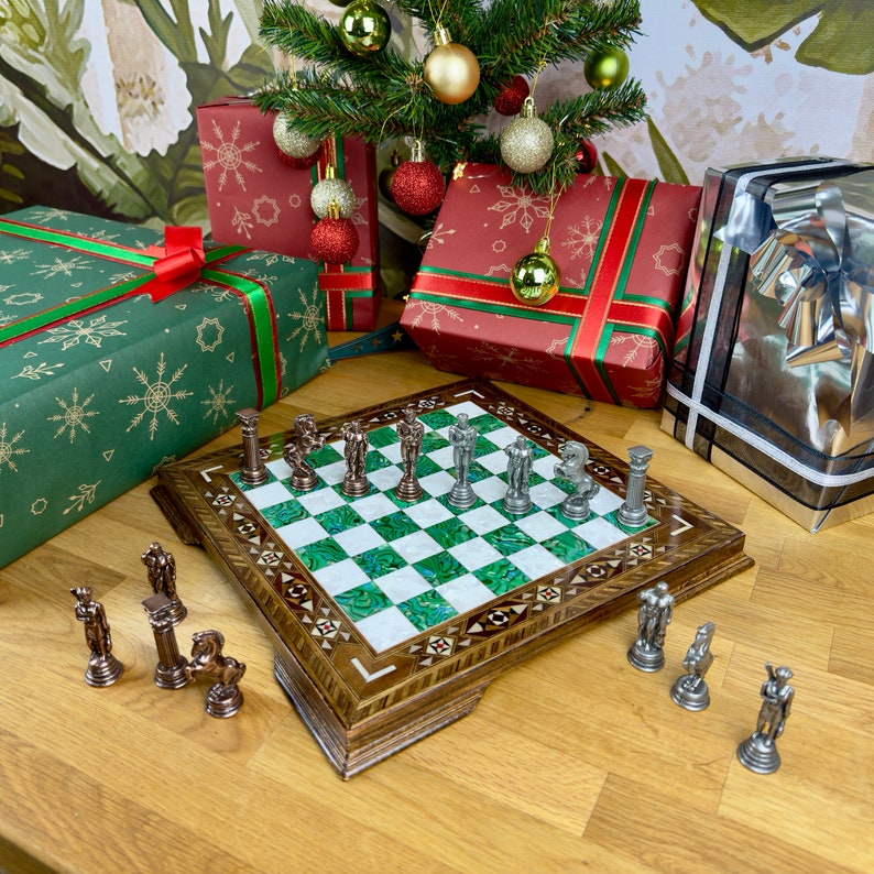 11 Mythical Metal Chess Set with Mosaic Inlaid Board Handmade Ancient Greek Theme, Engraved Wooden Chessboard Unique gift for Nephew Green Pearl