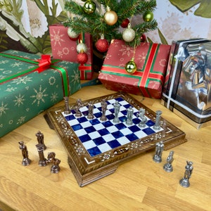 11 Mythical Metal Chess Set with Mosaic Inlaid Board Handmade Ancient Greek Theme, Engraved Wooden Chessboard Unique gift for Nephew Blue Pearl