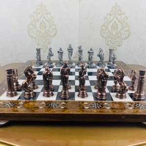 11 Mythical Metal Chess Set with Mosaic Inlaid Board Handmade Ancient Greek Theme, Engraved Wooden Chessboard Unique gift for Nephew image 10