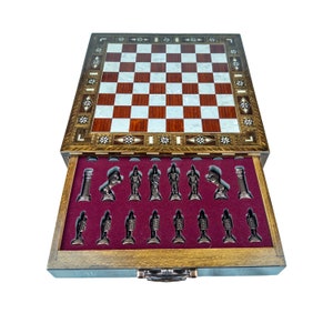 13 Personalized Chess Set with Storage Drawer Colorful Wooden Board History-Themed Metal Pieces Unique Gift For Children and Adults image 5