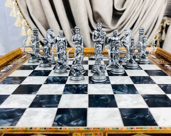 Premium Roman Mythology Themed Chess set with Engraved Chess Board, Unique Framed Chess Board with Historical Warrior Figures - Unique Gift