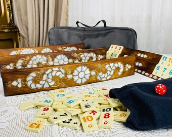 Premium Wooden Oval Rummikub Set- 4 Players Game Set Family Board Game - Engraved Rummy Cube Set with Tiles- Curved Travel Game Set with Bag