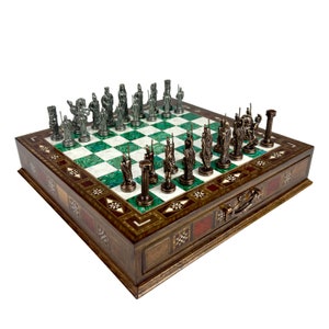 14" Greek Army vs Persian Battle Themed Chess Set with Storage- Large Wooden Chessboard with Realistic Metal Figures- Ideal Birthday Gift