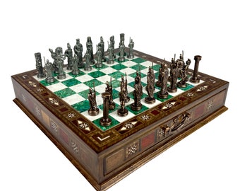 14" Greek Army vs Persian Battle Themed Chess Set with Storage- Large Wooden Chessboard with Realistic Metal Figures- Ideal Birthday Gift