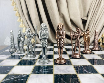 Premium Egypt Themed Metal Chess Set 14 inch Marble Pattern Wooden Chess Board, Ancient Egypt Gods Pharaoh Figures, Gift for Boyfriend