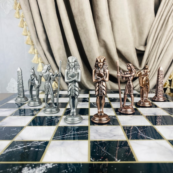 Premium Egypt Themed Metal Chess Set 14 inch Marble Pattern Wooden Chess Board, Ancient Egypt Gods Pharaoh Figures, Gift for Boyfriend
