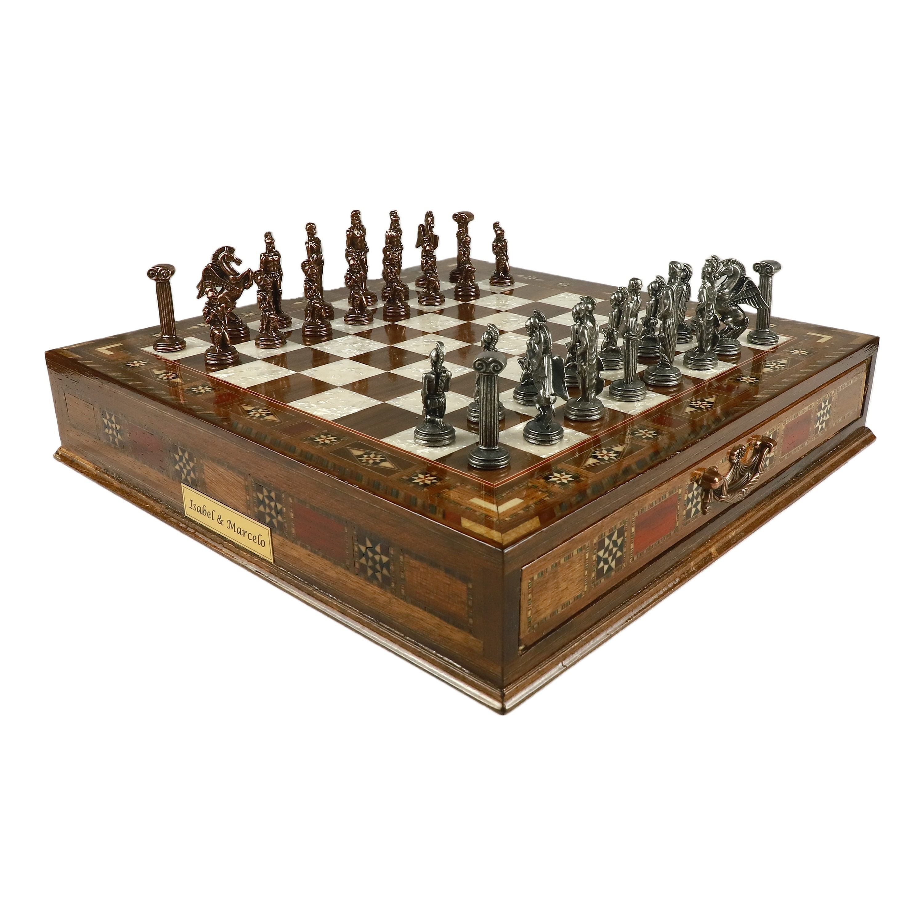 Medieval Theme Metal Chess Set with Blue Ash Burl Chess Board