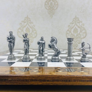 11 Mythical Metal Chess Set with Mosaic Inlaid Board Handmade Ancient Greek Theme, Engraved Wooden Chessboard Unique gift for Nephew image 1