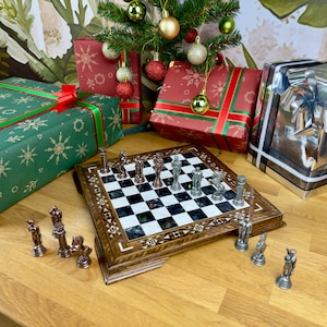 11" Mythical Metal Chess Set with Mosaic Inlaid Board - Handmade Ancient Greek Theme, Engraved Wooden Chessboard - Unique gift for Nephew
