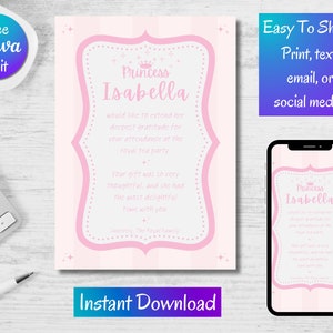May include: Pink and white printable thank you card with a pink border and stars. The card says "Princess Isabella would like to extend her deepest gratitude for your attendance at the royal tea party. Your gift was so very thoughtful, and she had the most delightful time with you. Sincerely, The Royal Family."