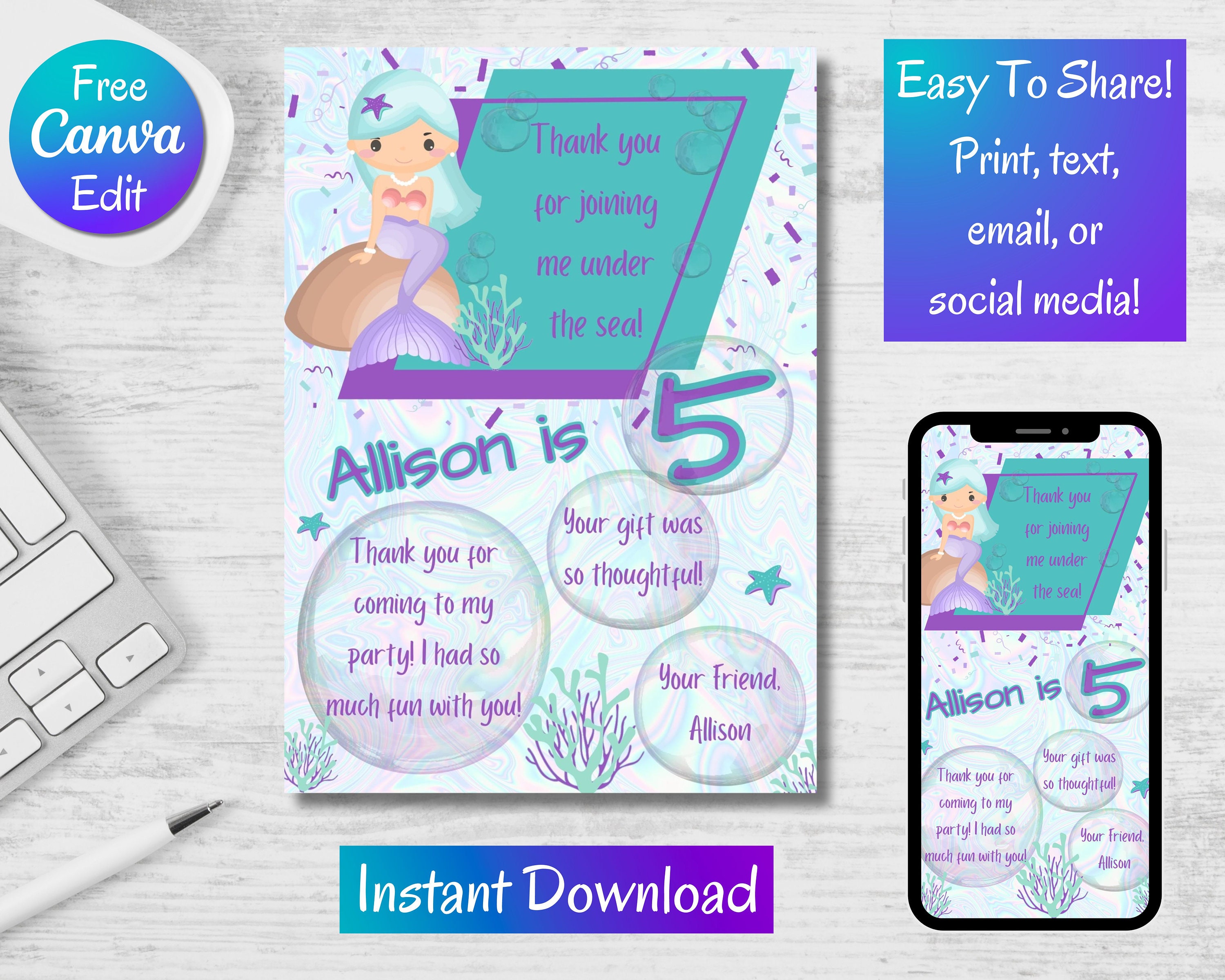 Editable Mermaid Party Thank You Note, Under the Sea Party Thank You ...