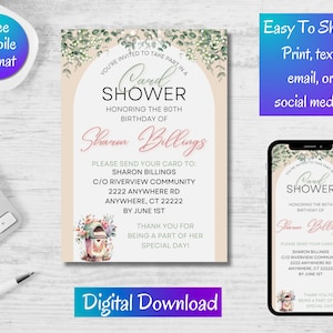 Cartão de aniversário para chá de bebê, Cartão de marco para chá de bebê, Cartão de chá de bebê, Aniversário pelo correio, Festa de cartão, Convite para impressão, Convite para celular, Floral, Digital