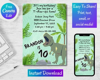 May include: A turquoise blue birthday invitation with a green dinosaur illustration. The invitation reads "It's my birthday! Join me for a T-Rex-ific time!" and includes the details: Indoor Jump Park, 8888 Dinosaur Drive, September 15, 2024, 2:00 pm - 4:00 pm, RSVP: Melissa 888-888-8888. The text "BRANDON IS 10" is displayed in a large font.