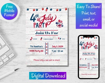Convite para Festa de 4 de Julho, Convite para o 4 de Julho, Convite para Imprimir, Convite para Celular, Download, Convite Digital, Festa de 4 de Julho