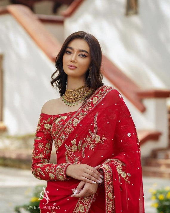 Red Georgette Sleeveless Blouse With Embroidery And Sequins