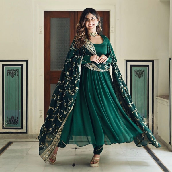Indian Premium Georgette Dark Green Embroidered Heavy Work Partywear Long Gown with Pant & Dupatta for women,Flared Dresses for EID Stitched