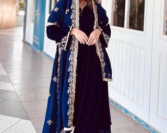 Pakistani Designer Zari Embroidered 3 pc Blue Velvet Straight Kurta Palazzo Set with Velvet Dupatta, Partywear / Winter Salwar Kameez Set