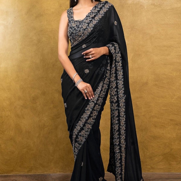 Beautiful Black & Blue Silk Saree With Silk Unstitched Thread Work Blouse For Women Wedding Wear Party Sari Designer Saree Celebrity Wear