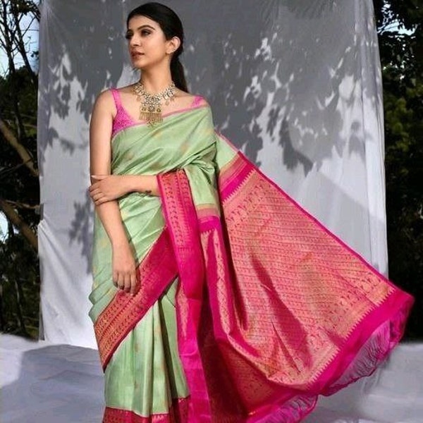 Saree en soie douce Kanjivaram pour femme avec pièce de chemisier, sari de designer indien bollywood, sari en soie Banarasi pour femme