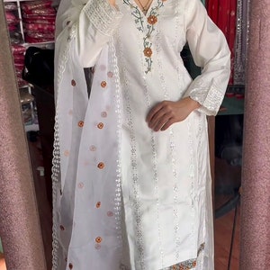 White Anarkali Straight Kurti Palazzo set, Premium 3 piece Readymade Shalwar Kameez Pakistani suit Plus Size dress, Salwar Kameez Sets