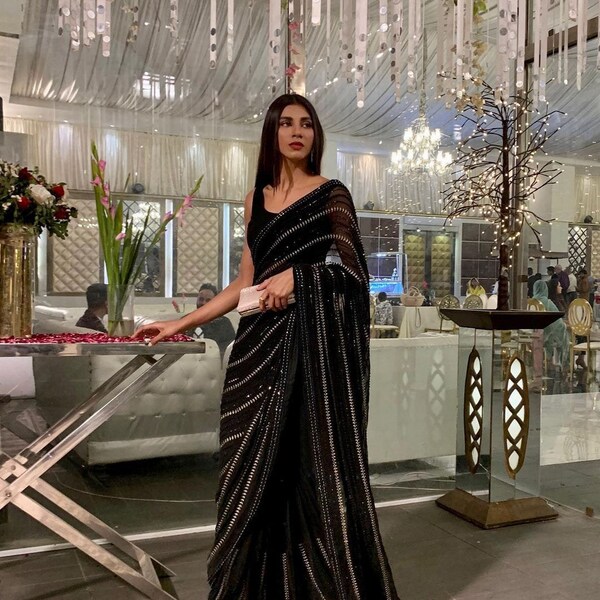 Schwarze Farbe Schöne Designer Georgette Sequance Arbeit Saree, Hochzeit Saree, Casual Saree, Fancy Saree, Saree für Frauen, schwarze Farbe Saree