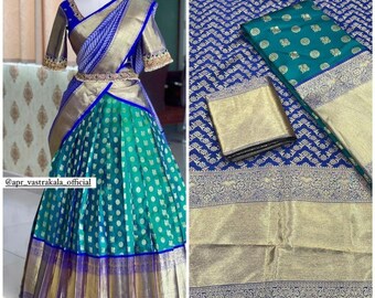 Demi-sari Lehenga en soie de créateur Kanjivaram avec chemisier en soie Banarasi Mariage sud de l'Inde pour femme Saree Lengha Classic Wear Lehenga pour femme