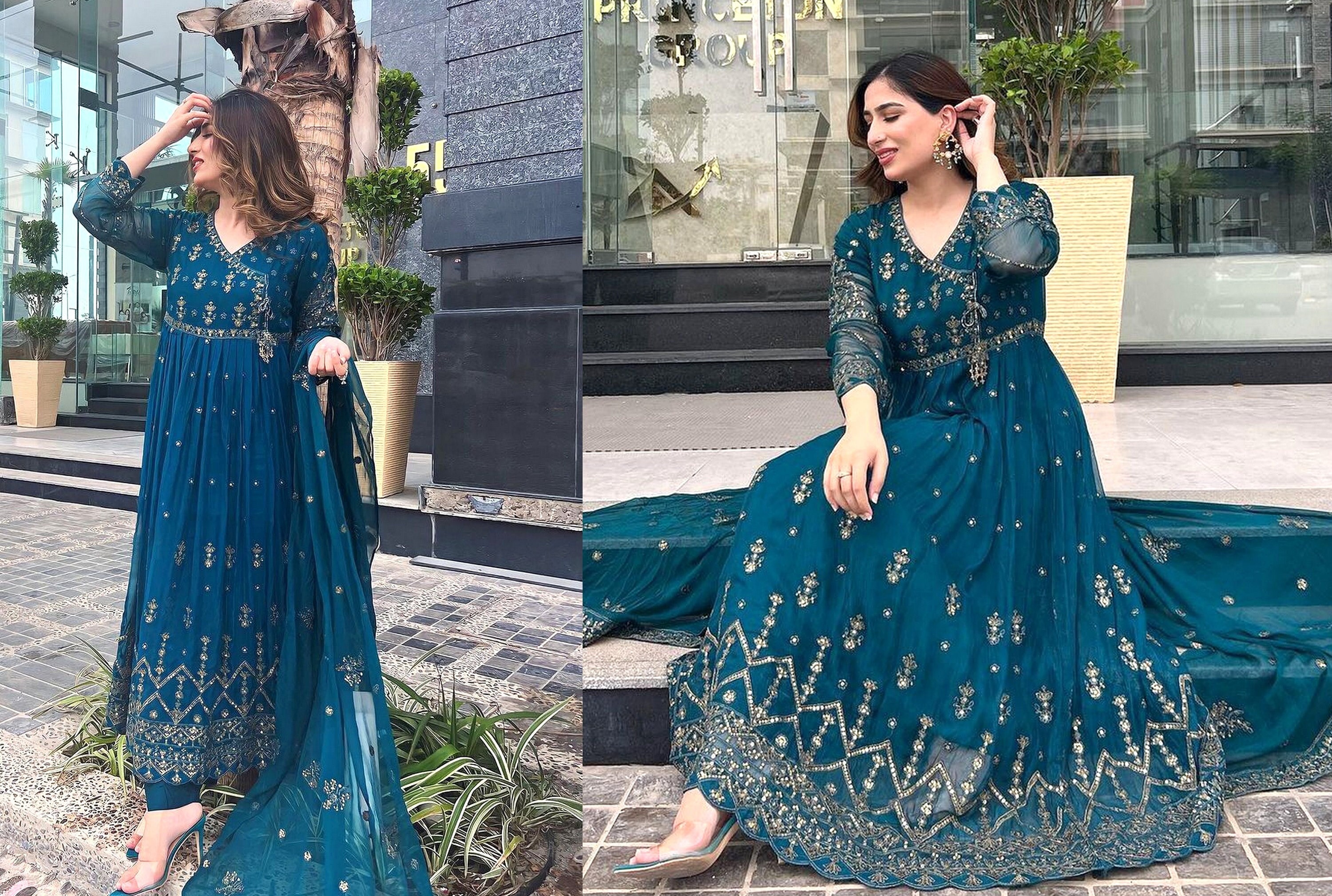 Party Wear Salwar Suits for Ladies in Ocean Blue Colour