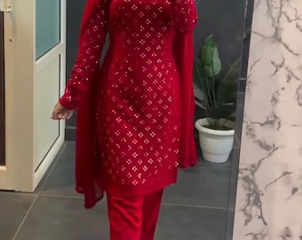 Red Color Sequence Embroidered Straight Kurti Palazzo set, 3 piece Readymade Shalwar Kameez Pakistani suit Plus Size dress, Salwar Kameez