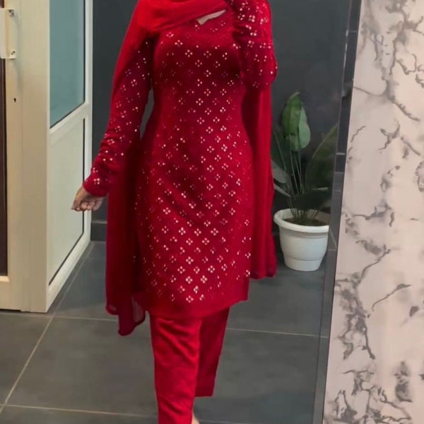 Ensemble Kurti Palazzo droit brodé dans une séquence de couleurs rouges, costume pakistanais Shalwar Kameez 3 pièces ready-made, robe grande taille, Salwar Kameez