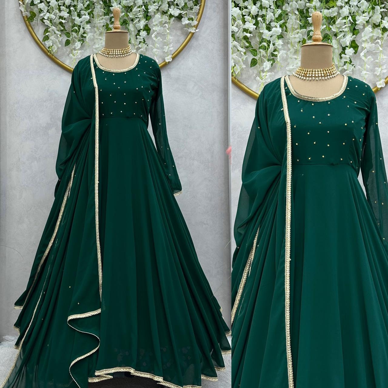 Bottle Green Heavy Embroidered Kalidar Gown Style Anarkali