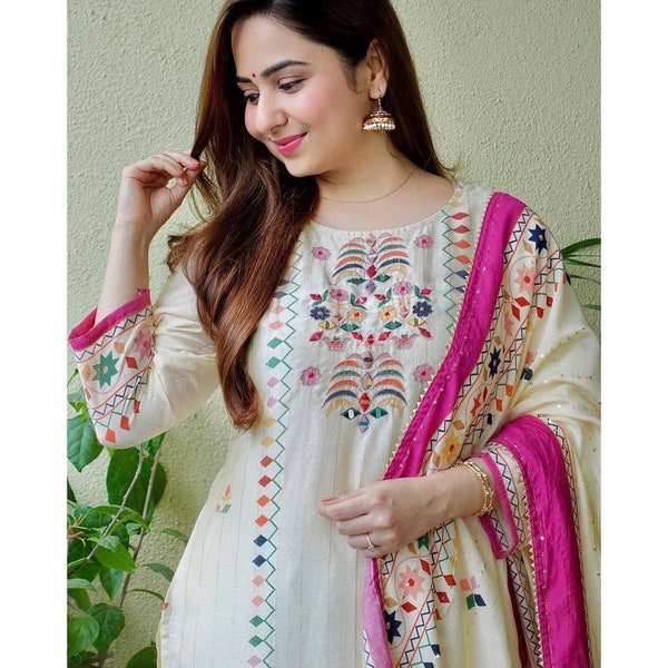Pakistani 3 Piece Eid Festive Straight Kurti Pant with Dupatta Set For Women, Indian Designer Salwar Kameez, Readymade Party/Ethnic Wear 5XL