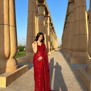 Red Color Beautiful Designer Georgette Sequance Work Saree, Wedding saree, Casual Saree, Fancy Saree, Saree For Women, Red color Saree image 2