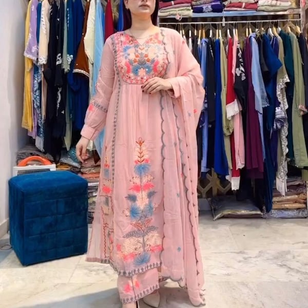 Designer bestickte Georgette-Hochzeits-Kurta mit Plazzo und Dupatta, wunderschöne 3-teilige Fertige Partykleidung Salwar Kameez für Frauen