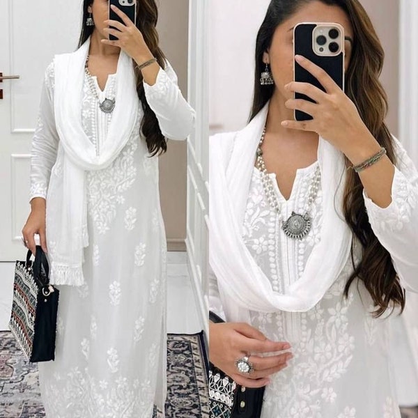 White Chikankari Straight Kurti Palazzo set, Premium 3 piece Readymade Shalwar Kameez Pakistani suit Plus Size dress, Salwar Kameez Sets