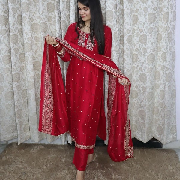 Red Embrodered Straight Kurti Palazzo set, Premium 3 piece Readymade Shalwar Kameez Pakistani suit Plus Size dress, Salwar Kameez Sets