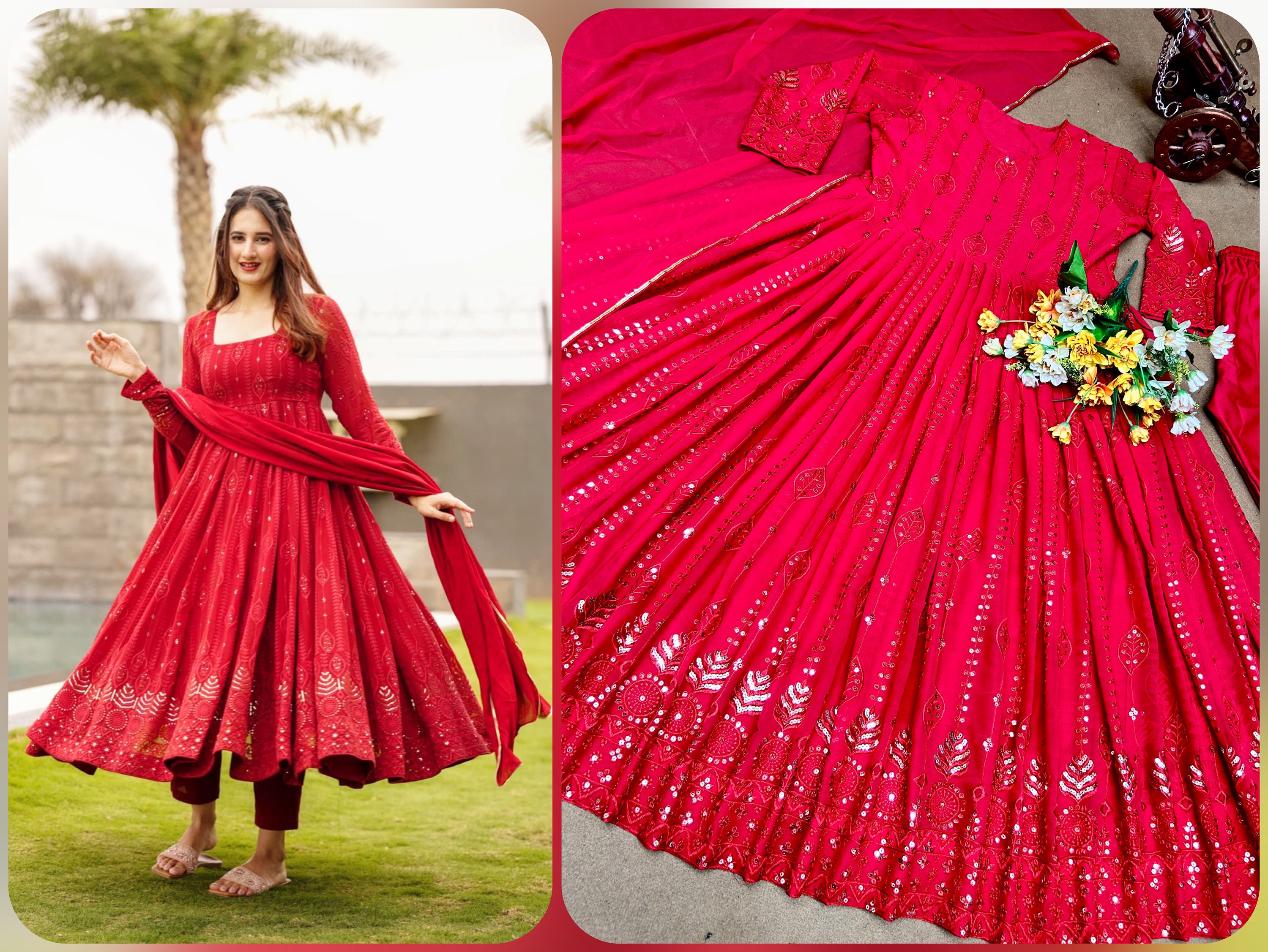 Coral Red Anarkali Set – Shyam Narayan Prasad