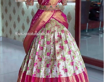 Demi-sari Lehenga en soie de créateur Kanjivaram avec chemisier en soie Banarasi Mariage sud-indien Saree Lengha Vêtements classiques Lehenga RS