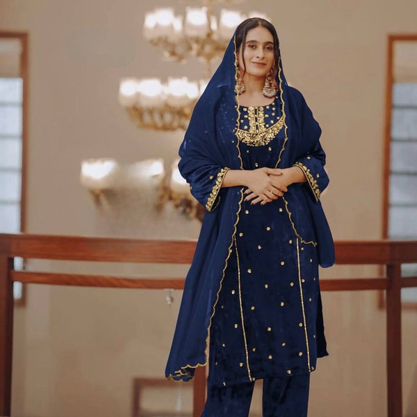 Pakistani Designer Zari Embroidered Heavy Velvet Kurta set for women, Royal Blue Velvet Straight winters Kurta Palazzo Set with Work On neck