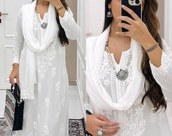 White Chikankari Kurti Palazzo set, Premium 3 piece Readymade Shalwar Kameez Pakistani suit Plus Size dress, Salwar Kameez Sets, White Suit