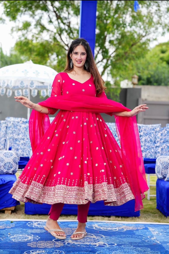 Red Color Georgette Full Flared Anarkali Kurti With Pant 3 Piece